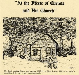 Cover of a book showing two people walking toward a old church building made out of log beams.